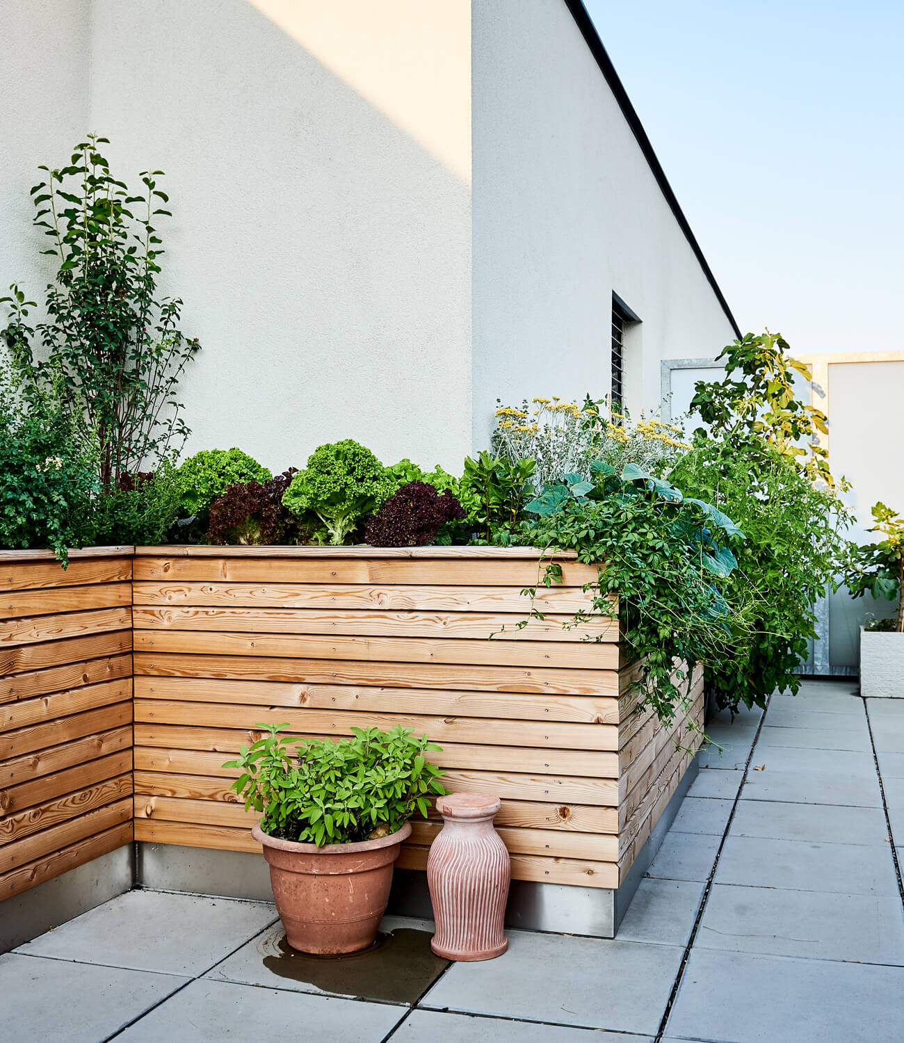 Dachterrasse mit begrüntem Hochbeet